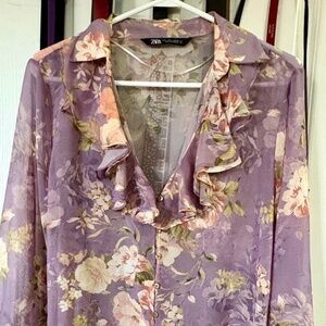 Crop Purple Printed Ruffled Blouse